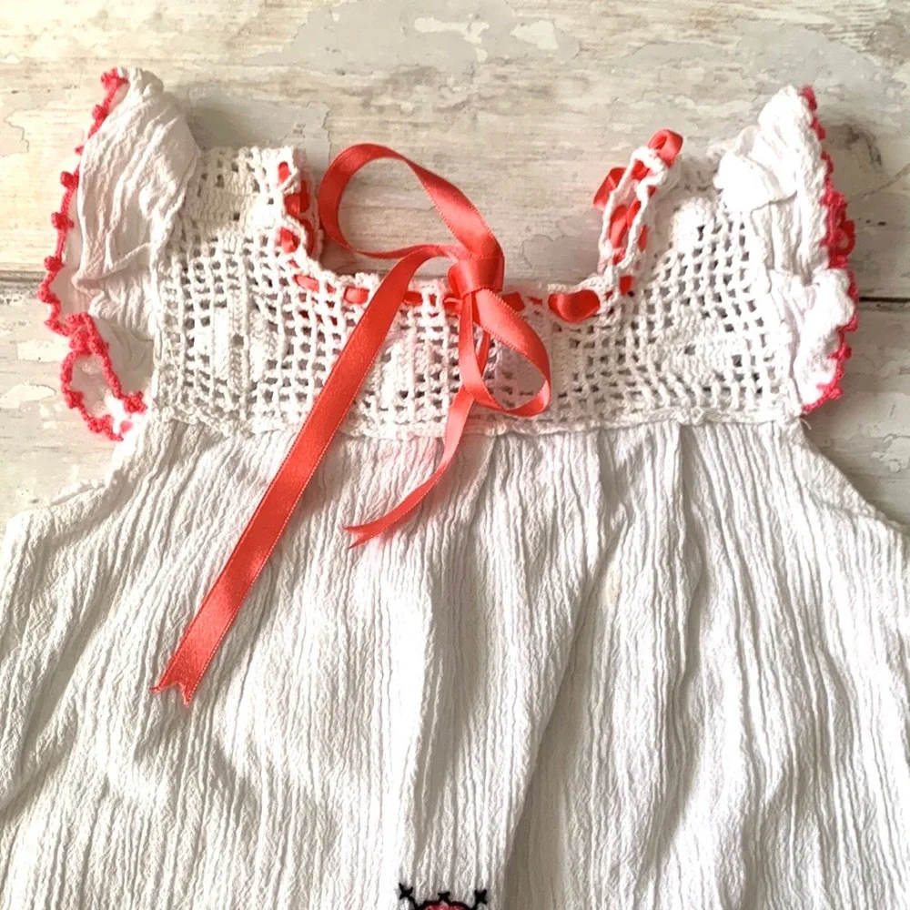 Girls Size 6 Dress Handmade Embroidered Stitch White Pink Kids Clothes